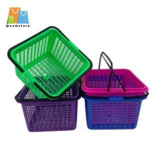 ตะกร้าทรงเหลี่ยม มีหูหิ้ว สีหวาน 30x30x22CM ตะกร้าหูหิ้ว ตะก…