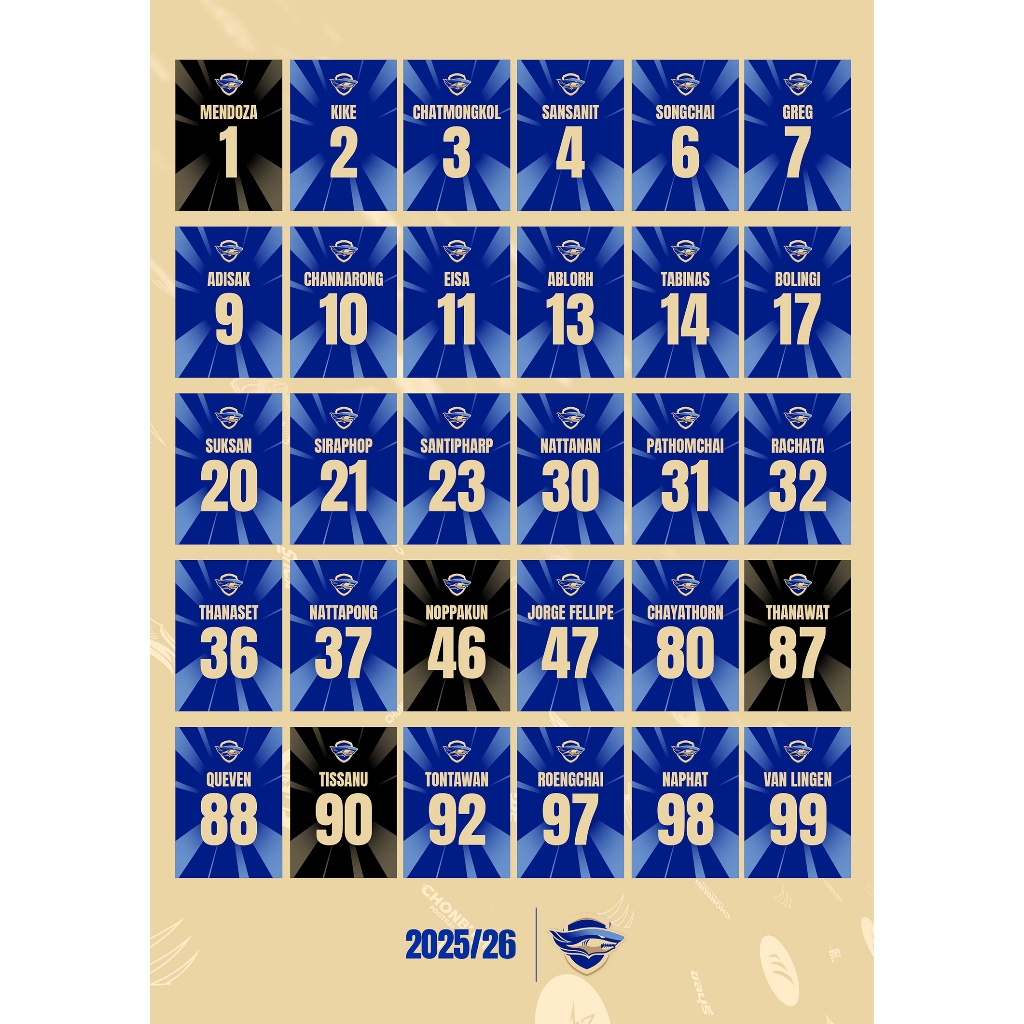 CHONBURI FC ชลบุรี เอฟซี ชื่อ-เบอร์  นักเตะ 2025/26
