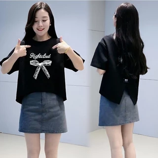 เสื้อครอปน่ารักสไตล์เกาหลี oversize เสื้อผ้าสาวอวบอ้วนไซส์ใหญ่ เสื้อยืดสวยๆผู้หญิงกําลังฮิตใหม่ล่าสุด ผ่าด้านหลัง แฟชั่น