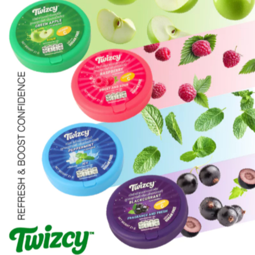 (สินค้าใหม่) ลูกอม ทวิซซี TWIZCY CANDY TABLET SUGAR FREE  21G มีกลิ่นหอม เคี้ยวอมสนุก ลมหายใจเย็นสดชื่น