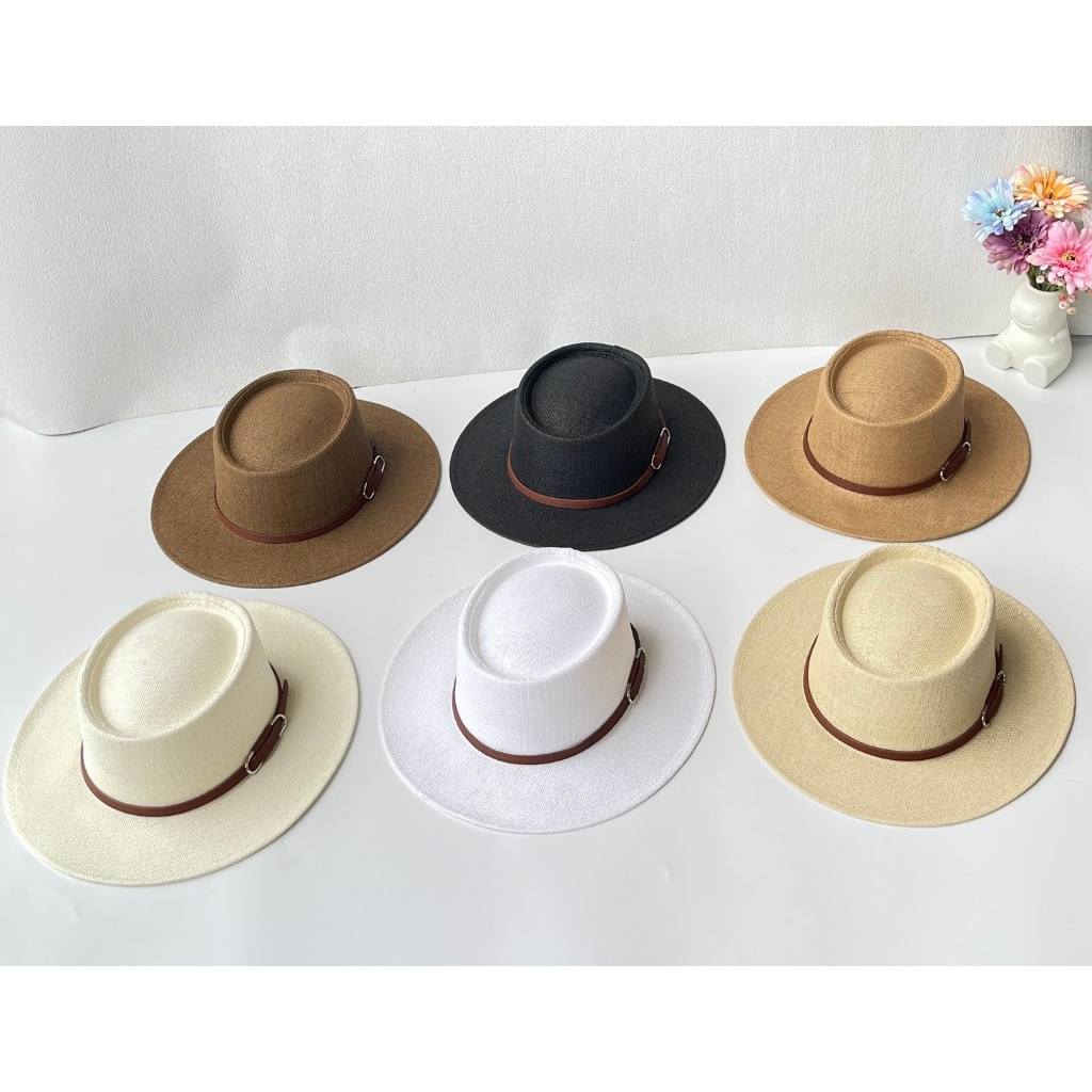 หมวกสานทรง Dumont Hat อัดแข็ง แต่งคาดเข็มขัด สินค้าพร้อมส่งจากไทย B082