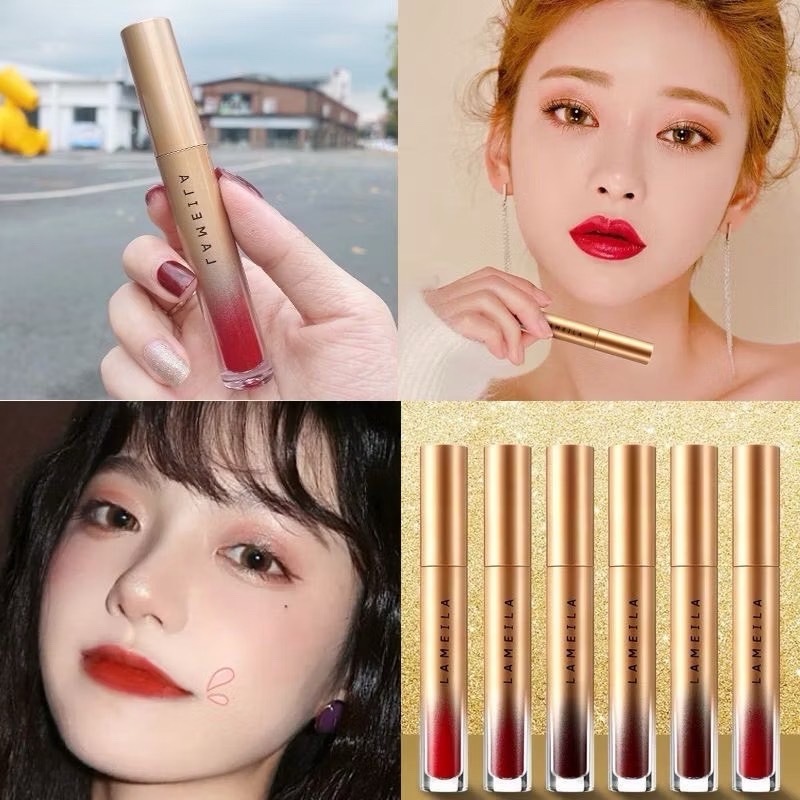 Lameila Velvel lip Glaze Gold Edition ลิปกลอสเนื้อกำมะหยี่ ติดทนนาน ปิดปากตกร่องได้เนี๊ยบ เรียบเนียน มีให้เลือก 5 สีค้าบ