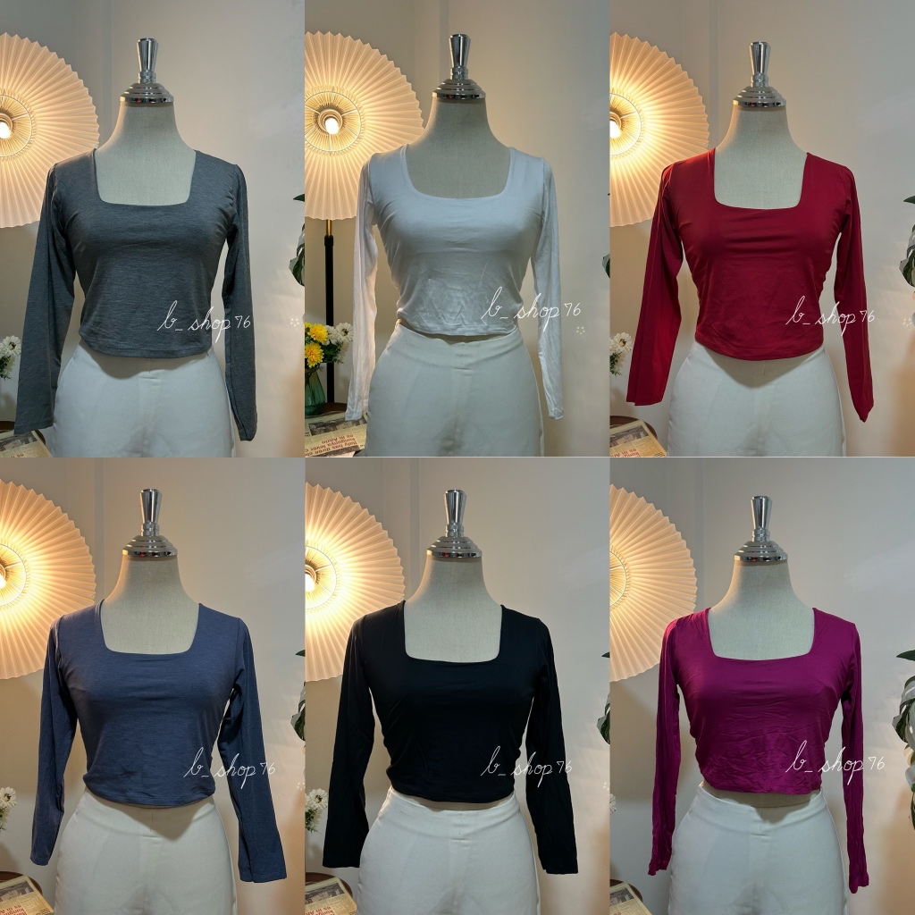 เสื้อครอปแขนยาวคอเหลี่ยมเรย่อน อก 27-34" รัดรูปตามตัวนะคะ ใส่สบาย สำหรับสาวไซส์SและMต้นๆ มีบริการเก็บปลายทาง 009