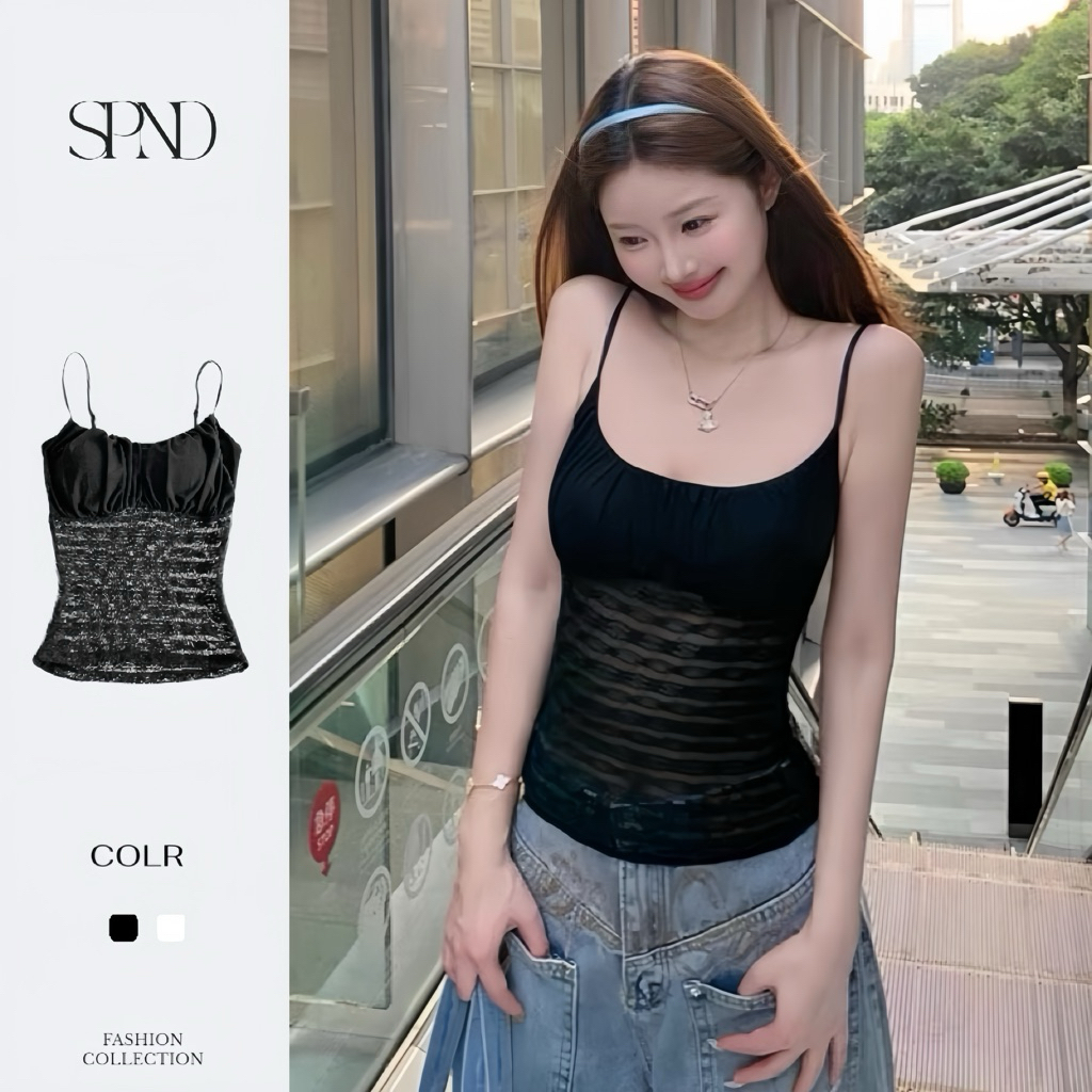 SPND【พร้อมส่ง】เสื้อสายเดี่ยวซีทรู เซ็กซี่ หรูหรา ใส่แล้วปังทุกมุมมอง มี2สี (3555)