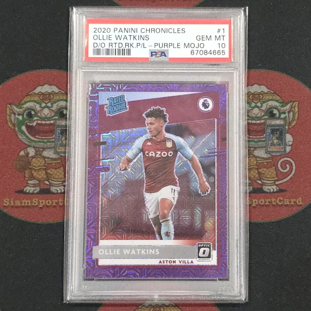 การ์ด​เกรด​ Ollie Watkins RC 2020 Chronicles Rated Rookie​ Purple​ Mojo PSA​ 10