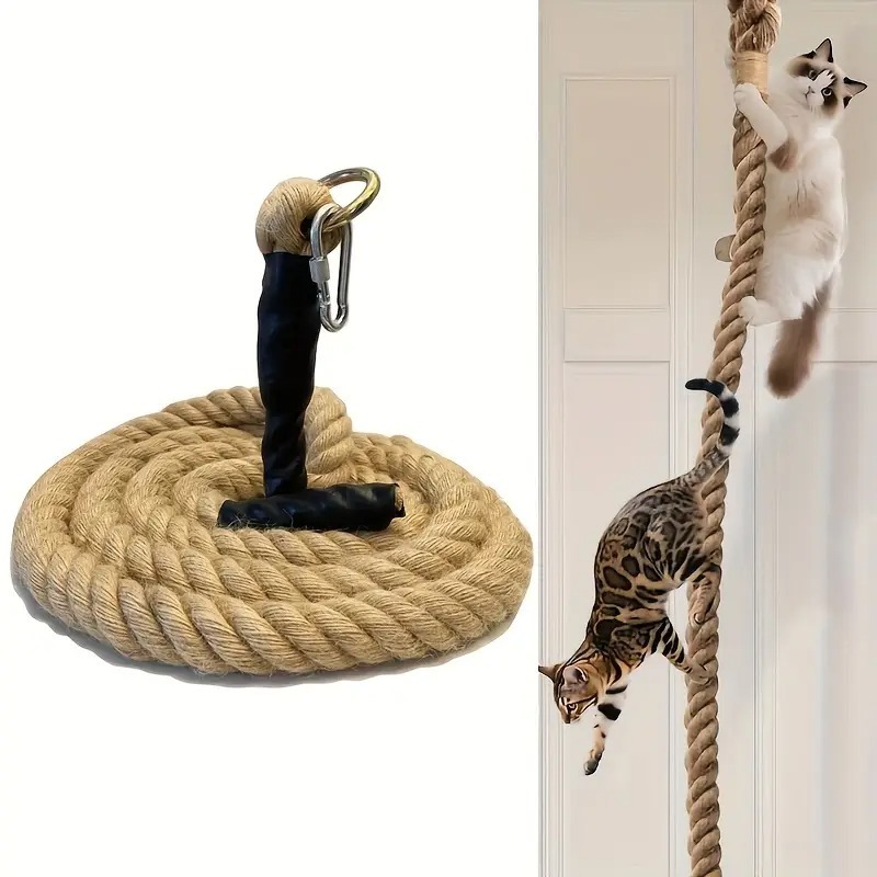 35mm/1.38in Thick Jute Rope for Cats - 3m/9.84ft Long Hemp Rope with Metal Hooks, Durable & Strong C