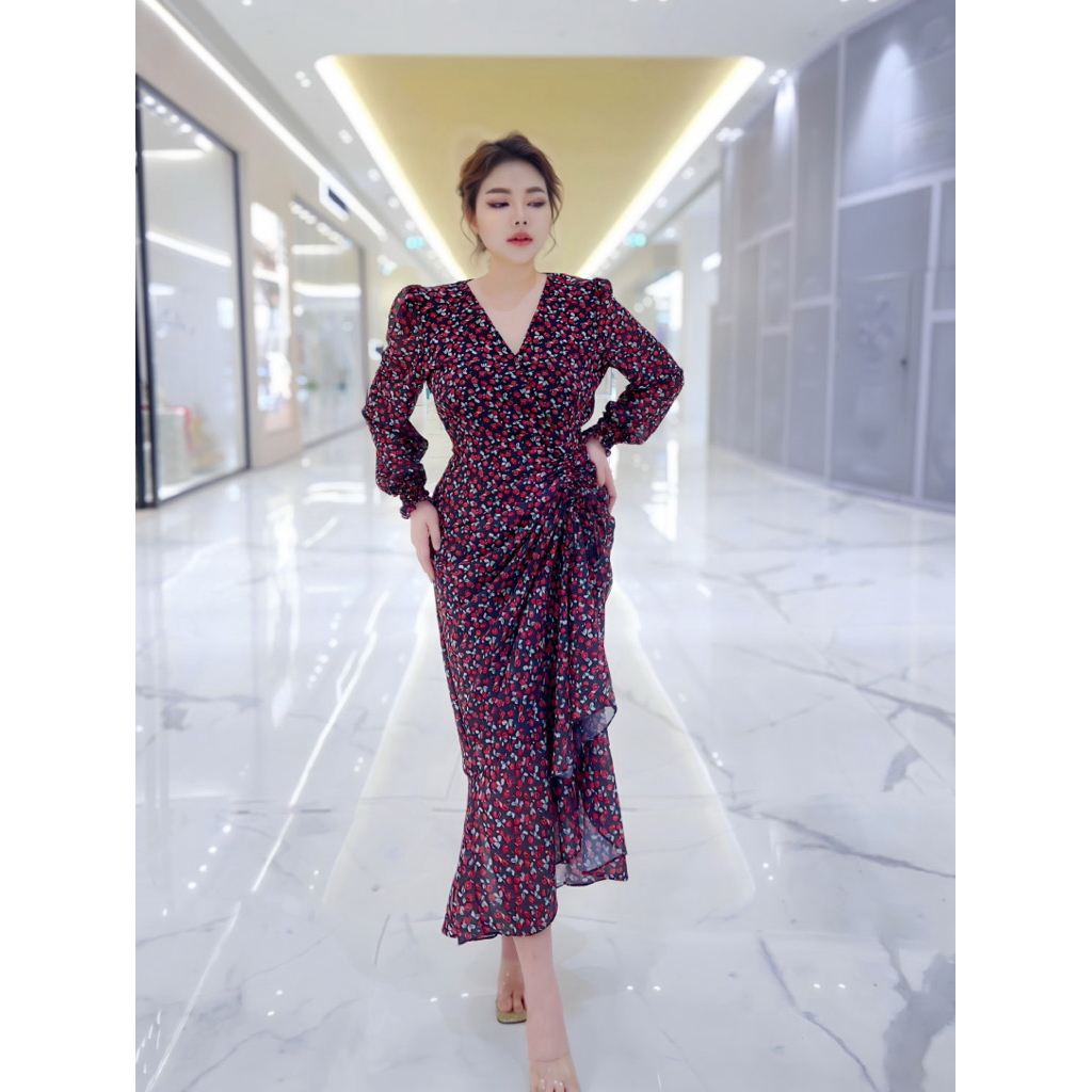 🥇Best Seller🥇เดรสยาวคอวีอกไขว้รูดข้างแขนยาวปลายแขนสม๊อคลายดอกแซ่บมาก#Maisie Shop - รูปที่ 7