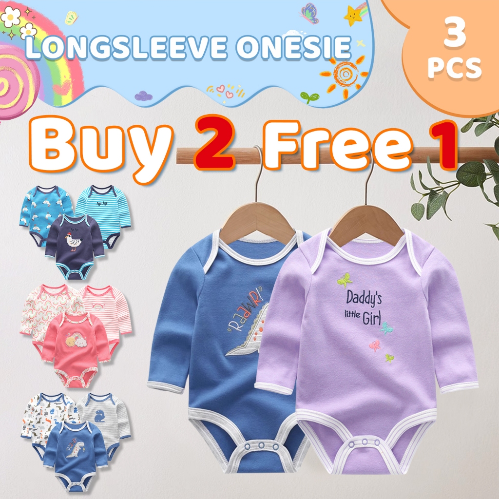 Buy2 Free1! BabyZoom Baby Longsleeve Onesie Multi-Print and Plain Long Sleeve Bodysuit for Baby
