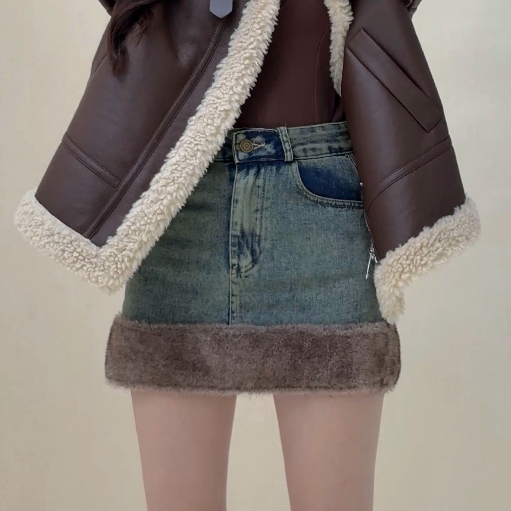 CO1024 Winter Fur Trim Denim Skirt กระโปรงยีนส์ซับในกางเกง
