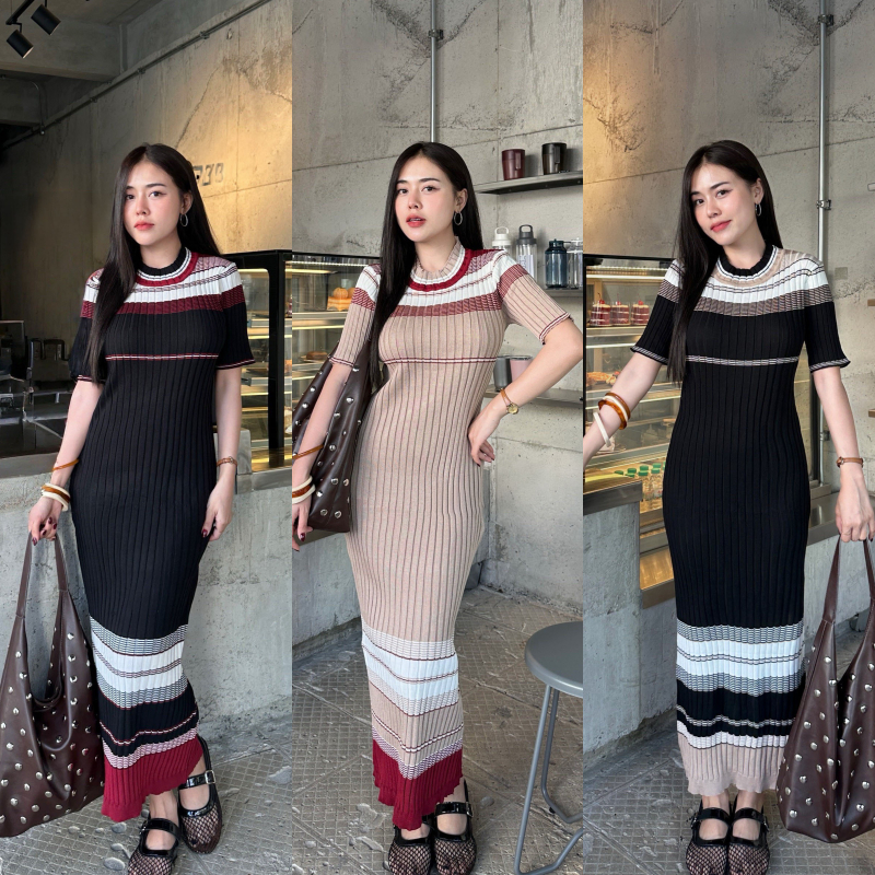 🌈SpinnyHouse🌈เดรสไหมพรม เดรสยาว ผ้าไหมพรมสีพื้น ไหมพรมทอลายคาดเส่น สาวอวบใส่ได้ ใส่ออกงานได้ รุ่น วันใหม่