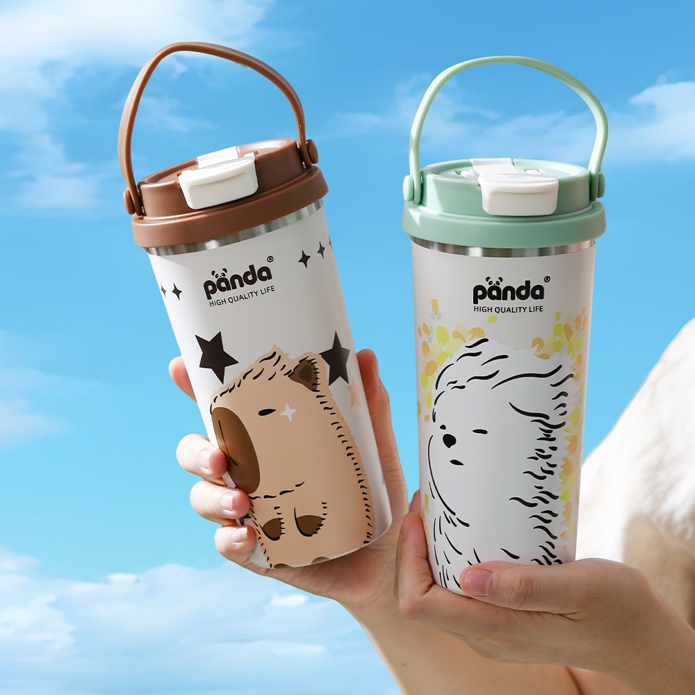 PANDA รุ่นใหม่ การ์ตูน แก้วเก็บความร้อน 600ml สแตนเลส304 แก้วกาแฟ ความจุสูง พร้อมจับ 1 ฝา 2 หัวดื่ม ดูด/ดื่ม 4สี