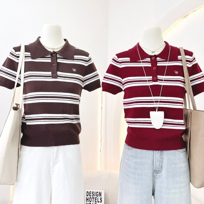 เสื้อไหมพรมคอปก เสื้อไหมพรมลายทาง ผ้านิ่มยืด ใส่ง่ายสบาย งานป้าย waya