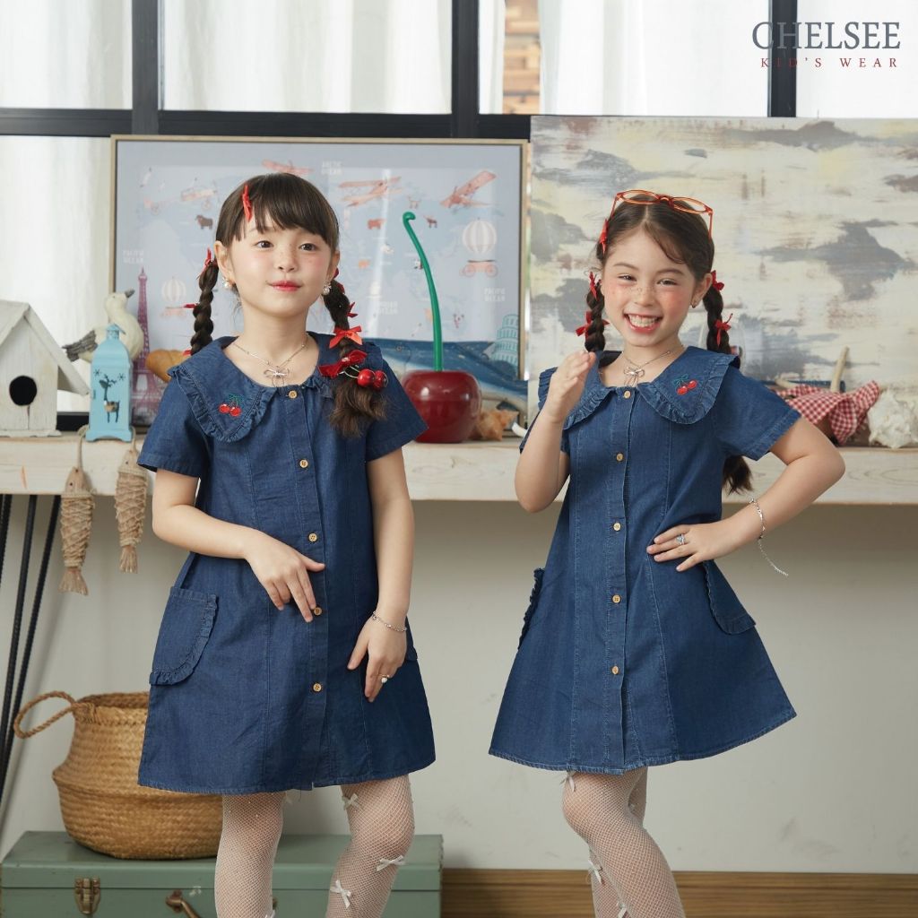 Chelsee เดรสยีนส์ ปกระบาย มีปักเชอร์รี่หวานๆ ผ้ายีนส์ฟอกนิ่ม ไม่หนา น่ารักมาก เด็กผู้หญิง อายุ 1.5-10 ปี  รุ่น 238198