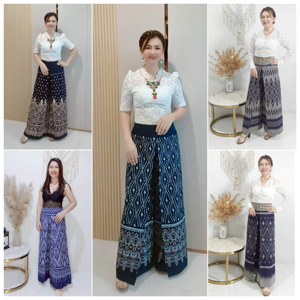 กางเกง กางเกงลายไทย ทรงแพนเค้ก กระเป๋า 1ข้าง สาวอวบ เอว 30-38 สะโพก 32-42 ยาว 37 นิ้ว ผ้าครามพิมพ์ลาย พร้อมส่งจากนครพนม