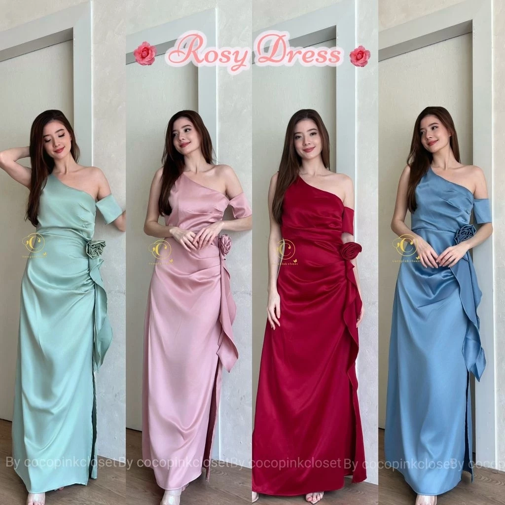 ⚘️C;5063:ชุดราตรีเดรสยาวใส่ออกงาน ทรงปาดไหล่ข้าง แขนไหล่ปิดพรางต้นแขน(+เข็มกลัดดอกกุหลาบ)แต่งระบายงานผ้าเงาซาร่า