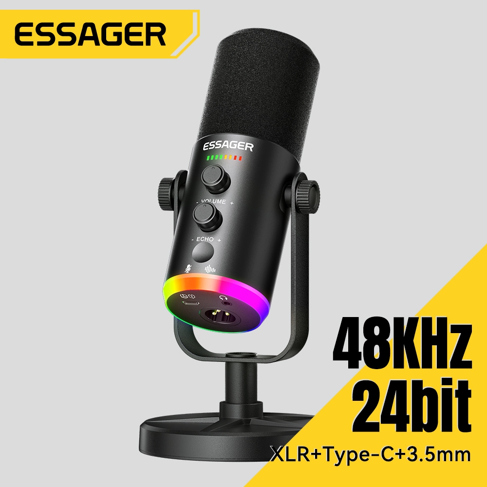 Essager XLR+Type-C+3.5 มม ไมโครโฟนตั้งโต๊ะ สำหรับการเล่นเกม/สตรีมสด/คาราโอเกะ ฯลฯ ชิปลดเสียงรบกวนประสิทธิภาพสูงในตัว
