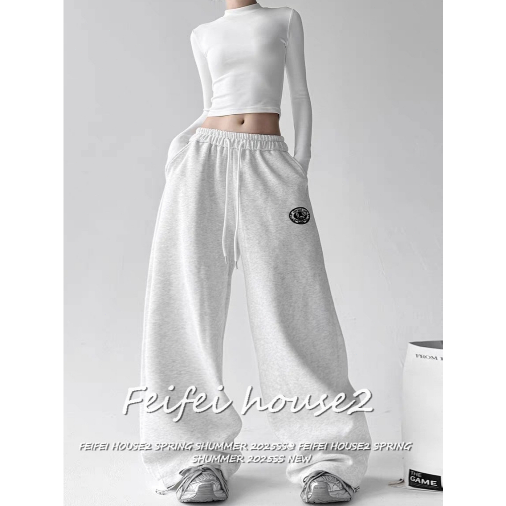 [American hip-hop wide-leg pants]กางเกงทรงหลวมเอวสูงผูกเชือกปักลายอัลฟ่าสไตล์ฮิปฮอปสำหรับผู้หญิง