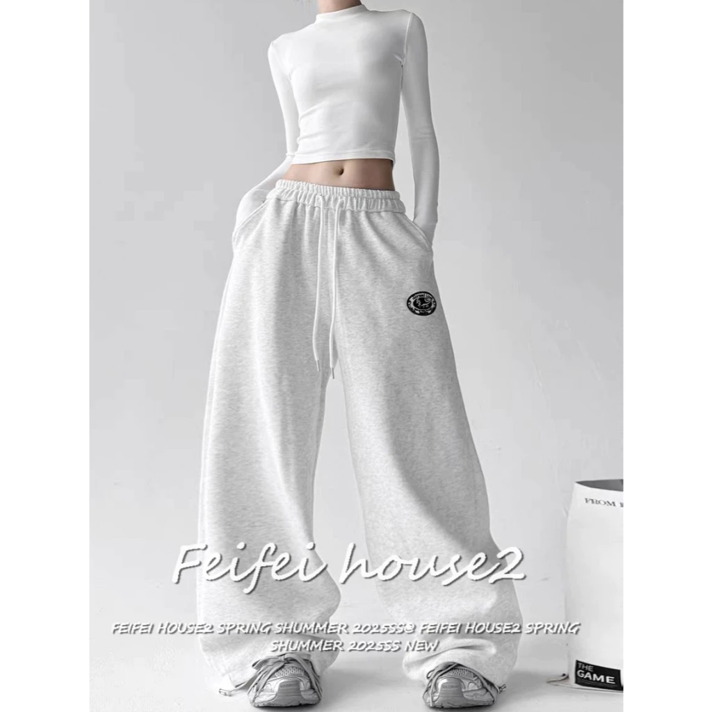 [American hip-hop wide-leg pants]กางเกงทรงหลวมเอวสูงผูกเชือกปักลายอัลฟ่าสไตล์ฮิปฮอปสำหรับผู้หญิง