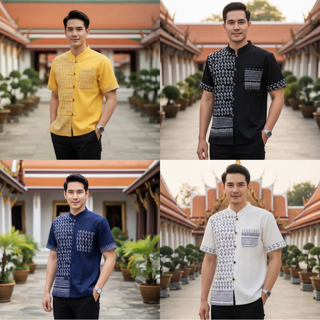 เสื้อพื้นเมืองชาย ทูโทนเสื้อผ้าฝ้ายลายขอพระราชทาน