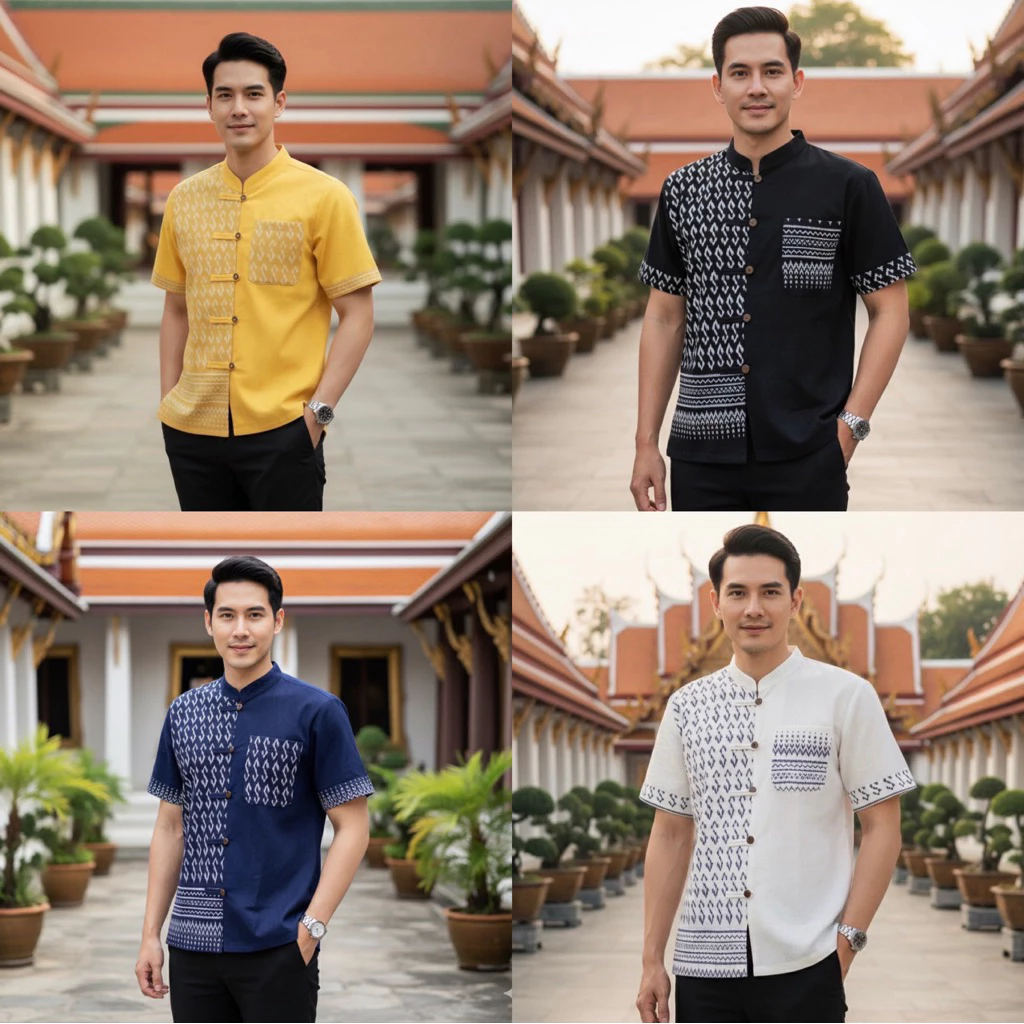 เสื้อพื้นเมืองชาย ทูโทนเสื้อผ้าฝ้ายลายขอพระราชทาน