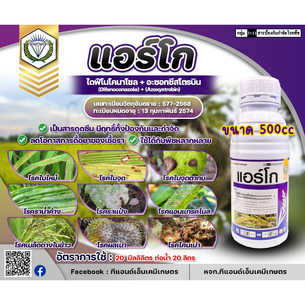 แอร์โก 500cc #ออติวา ไดฟีโนโคนาโซล + อะซอกซีสโตรบิน ป้องกันกำจัดเชื้อราควบคุมโรคพืช โรคไหม้ แอนแทรกโนส  ราดำ เน่าคอดิน