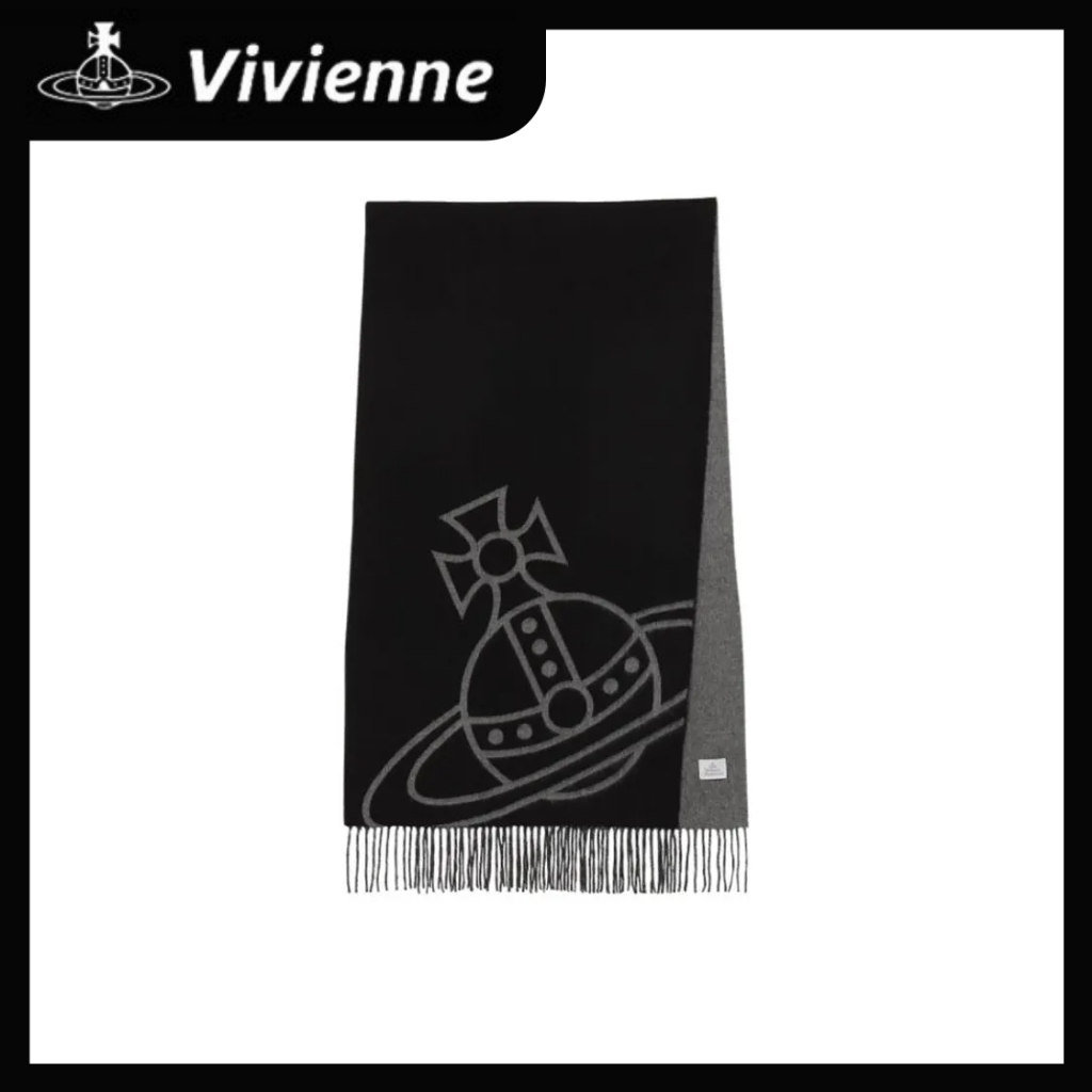Vivienne Westwood✨JP VIVI ผ้าพันคอ พิมพ์ดาวเสาร์ vivian ขนแกะ ผ้าพันคอ พู่ เย็บปักถักร้อยสองด้าน ผ้า้าคลุมไหล่ ผู้หญิง