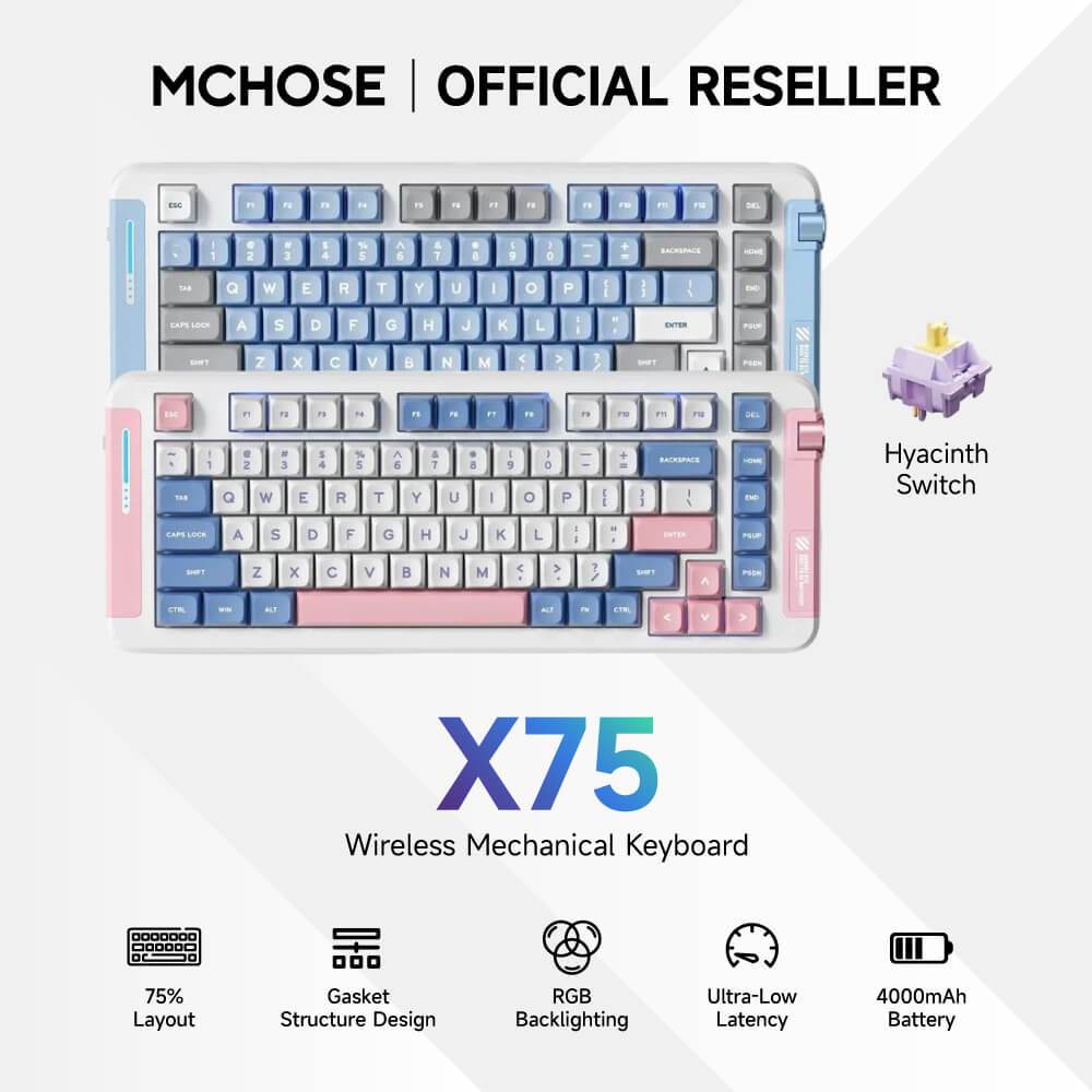 MCHOSE GAMING KEYBOARD TRI-MODE X75 HYACINTH LINEAR-SW PINK BLUE SIZE 75%