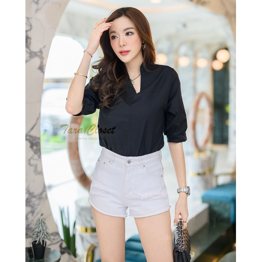 ZO040 TARA Shirt เสื้อเชิ้ต แขนสั้น คอจีน กระดุมหลัง เนื้อผ้าคอตตอนอ็อกฟอร์ด ผ้าดี ใส่สบาย ไม่ร้อน