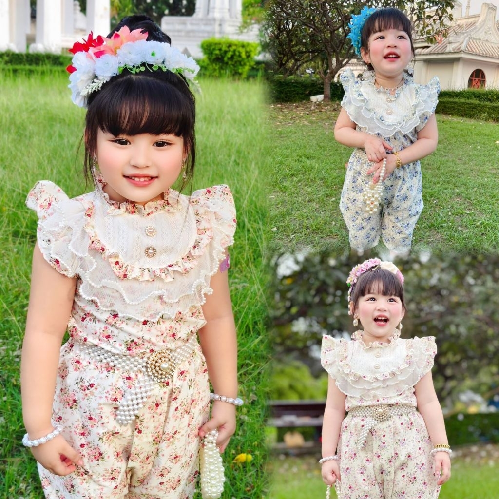 ชุดไทยโจงกระเบน ลายดอกไม้วินเทจ แต่งระบายมุก🌸