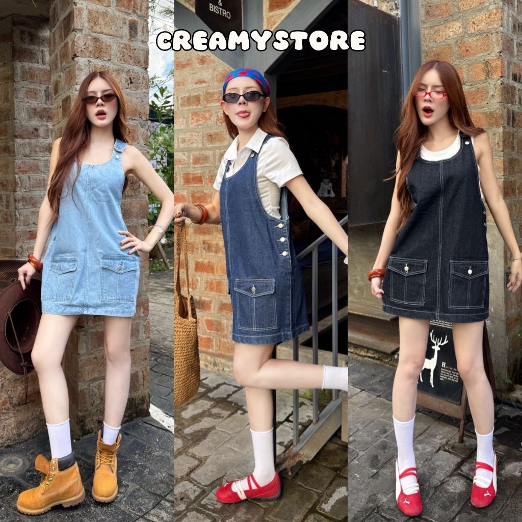 CreamyStore เอี๊ยมกระโปรงยีนส์สั้น สไตล์เกาหลี ป้ายYam Jeans