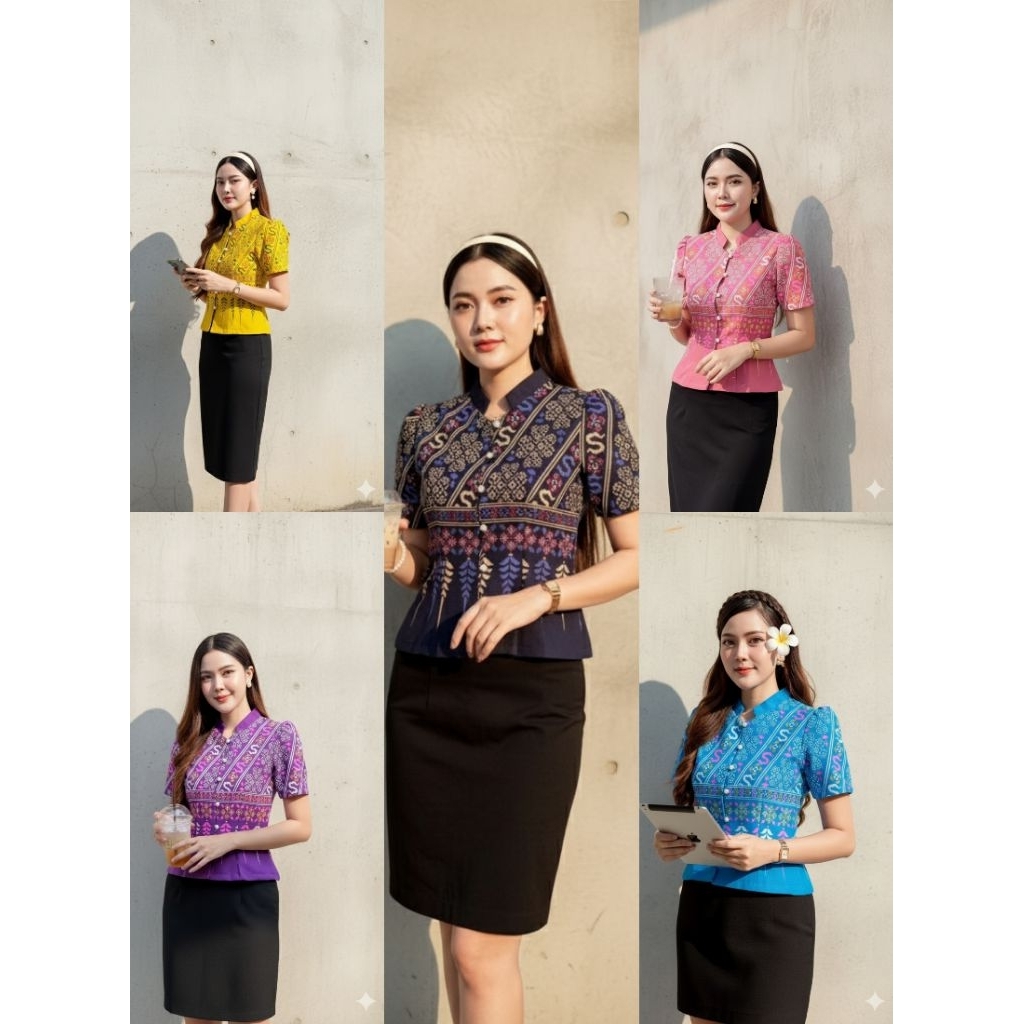 เสื้อผู้หญิงผ้าฝ้ายพิมพ์ลายสิริราชพัสตราภรณ์ งานอัดกาวทั้งตัว เสื้อผ้าฝ้ายเนื้อนิ่มพิมพ์ลาย งานเข้ารูปใส่สวยดีเทลคอจีน