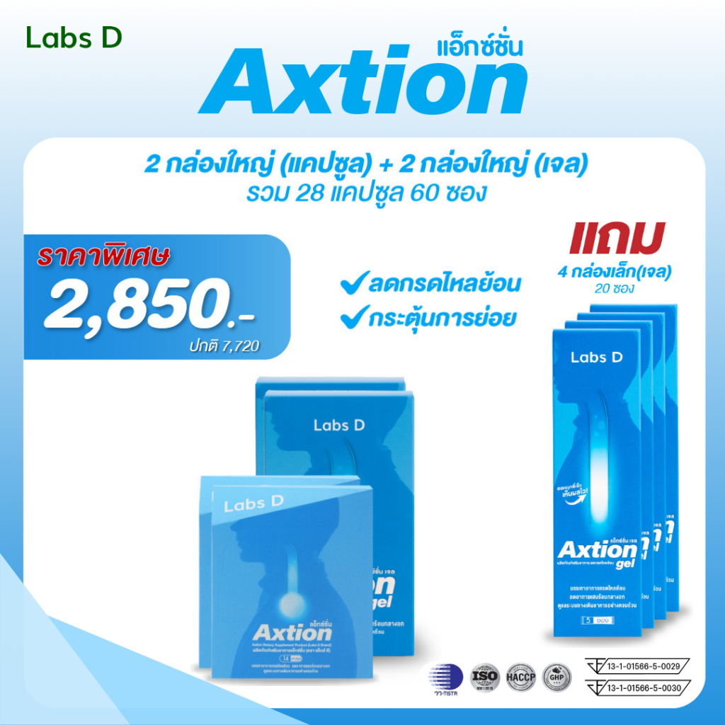 Axtion Cap 2 กล่องใหญ่ + Axtion Gel 2 กล่องใหญ่ แถม Axtion Gel 4 กล่องเล็ก อาหารเสริมรักษากรดไหลย้อน