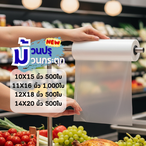 ถุงพลาสติกแบบม้วน สำหรับใส่ผัก ผลไม้ ของสด ม้วนละ 500/1000 ใบ