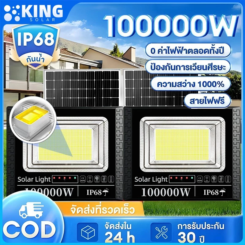 KING ไฟโซล่าเซลล์ ซื้อ 1 แถม 1 ไฟโซล่าเซลล์สว่างทั้งคืน 80000W solar light กันน้ำ กันฟ้าผ่า แสงสีขาว พร้อมรีโมท