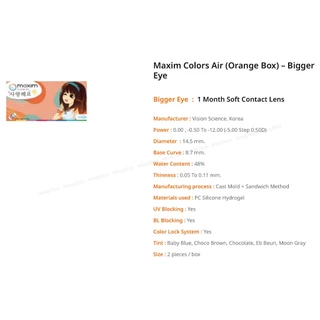 Maxim Orange Box คอนแทคเลนส์สีรายเดือน 00 ถึง -9.00 (1 Pair) (Choco Brown & Moon Gray)