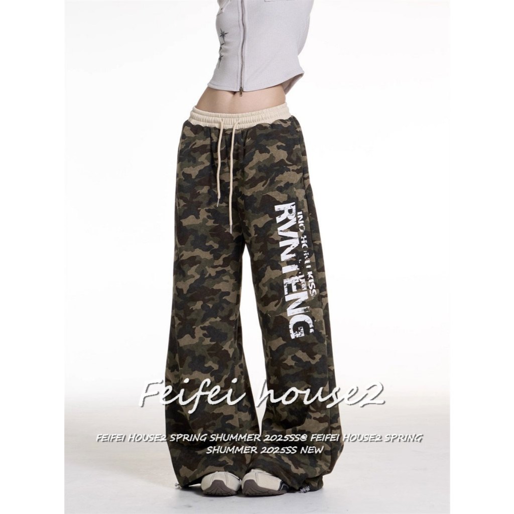 [Casual letter print camouflage pants]กางเกงลายพรางเชือกผูกพิมพ์ตัวอักษรสไตล์อเมริกันสำหรับผู้หญิงในช่วงฤดูร้อน