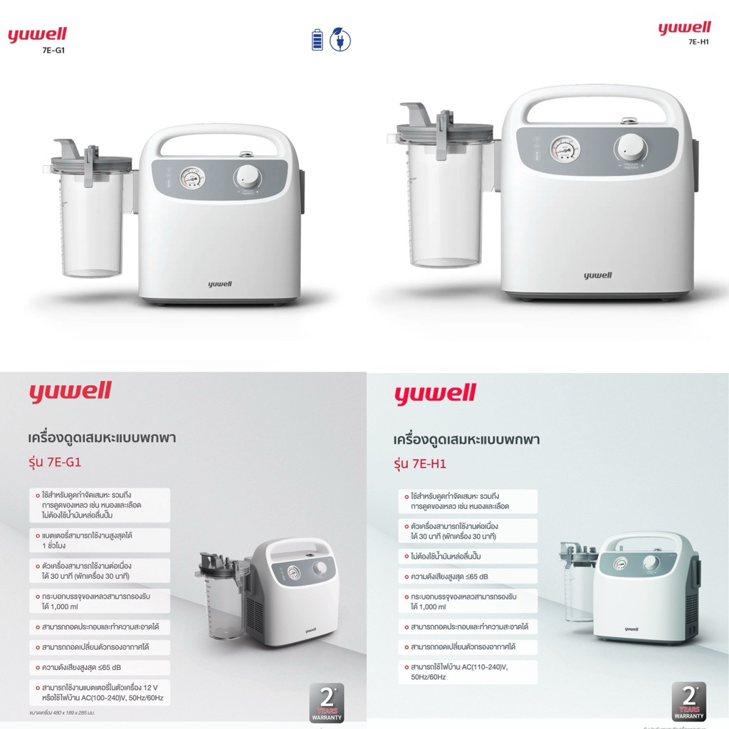 💥รุ่นใหม่💥รับประกันมอเตอร์ 2 ปี เครื่องดูดเสมหะ Suction Yuwell 7E-H1, มีแบตเตอรี่ 7E-G1