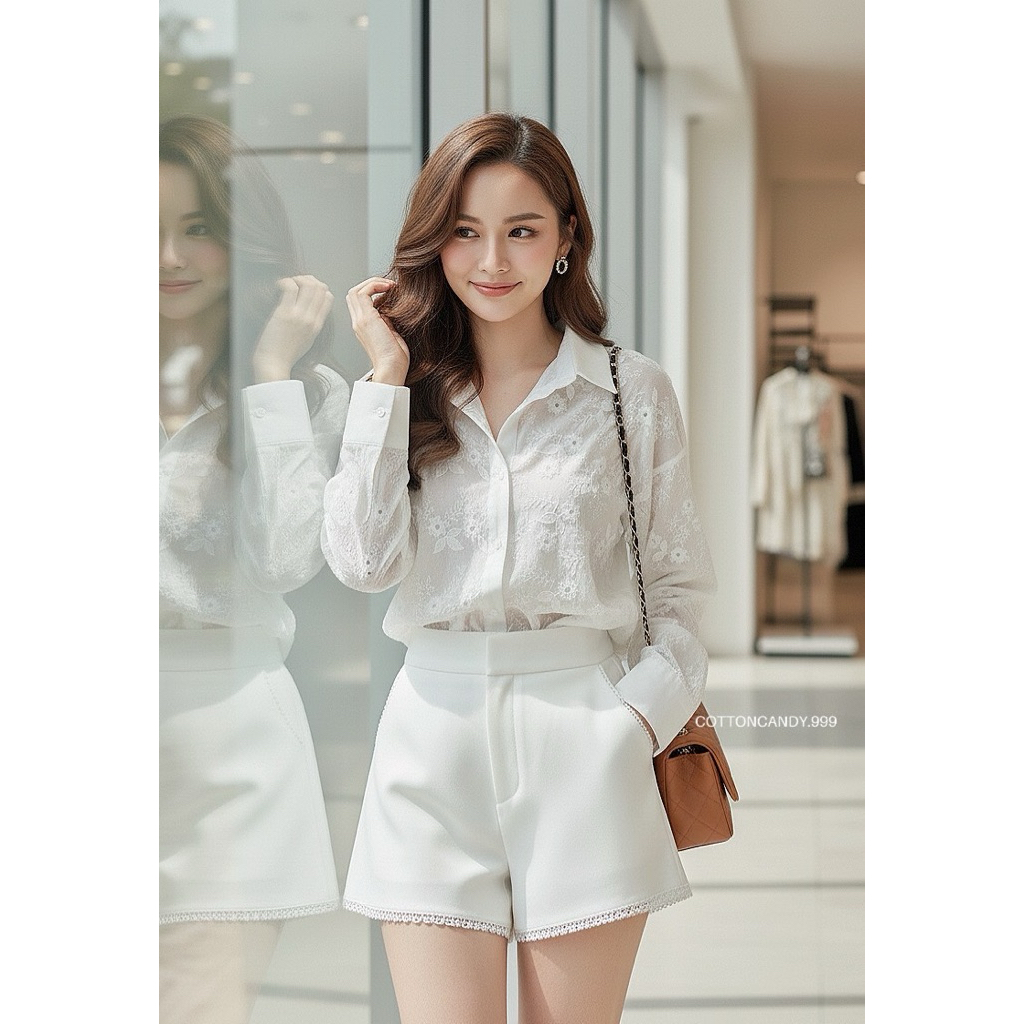 FK : เสื้อเชิ้ต แขนยาว คอปก ทรงโอเวอร์ไซด์ ลูกไม้ ฉลุ ลายดอก 3D แมทกับ ผ้าใบ กระโปรง กางเกง ส้นสูง ต