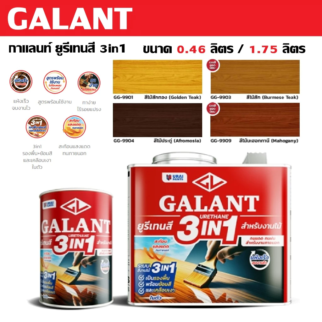 Galant กาแลนท์ ยูรีเทนสี 3in1 สีรองพื้นไม้ สีย้อมงานไม้ เคลือบเงาใส สามารถใช้งานได้ทุกงานไม้ ขนาด 0.46 1.75 แท้ทนดีสุด