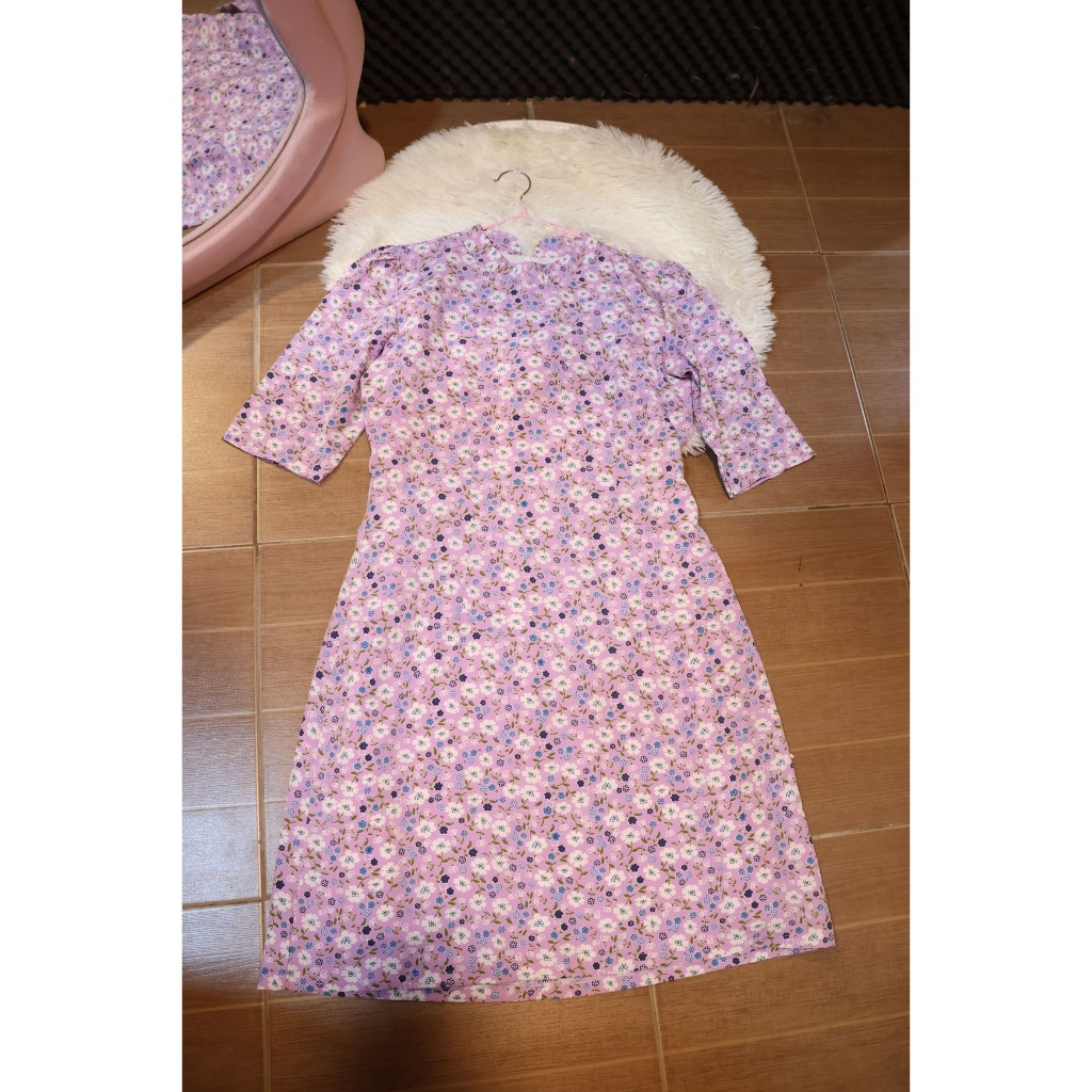 Yasinee(ญาสินี) ชุดเดรสคุณครู เดรสทำงาน ม่วงลายดอก (L)