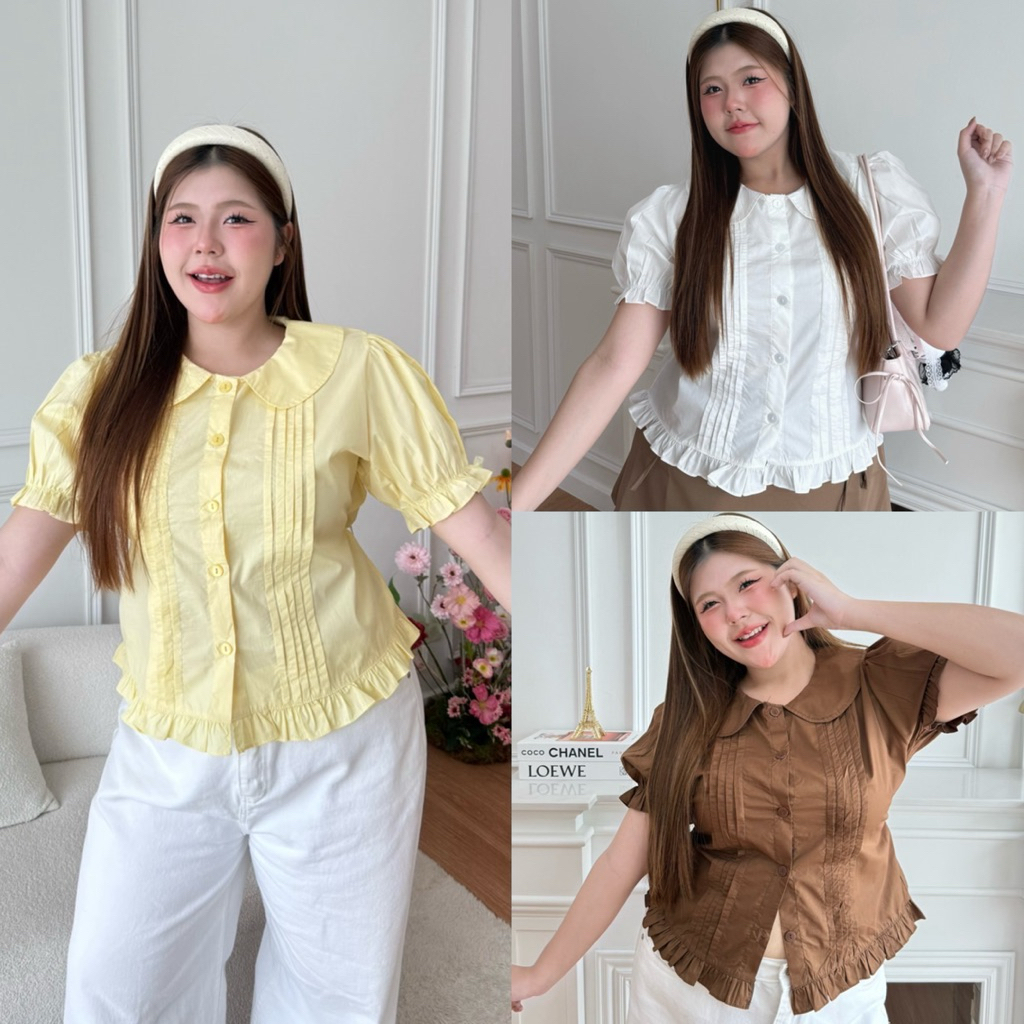 เสื้อคอบัวแขนตุ๊กตา ตีเกล็ดหน้า อก38-48นิ้ว plussize เสื้อสาวอวบ