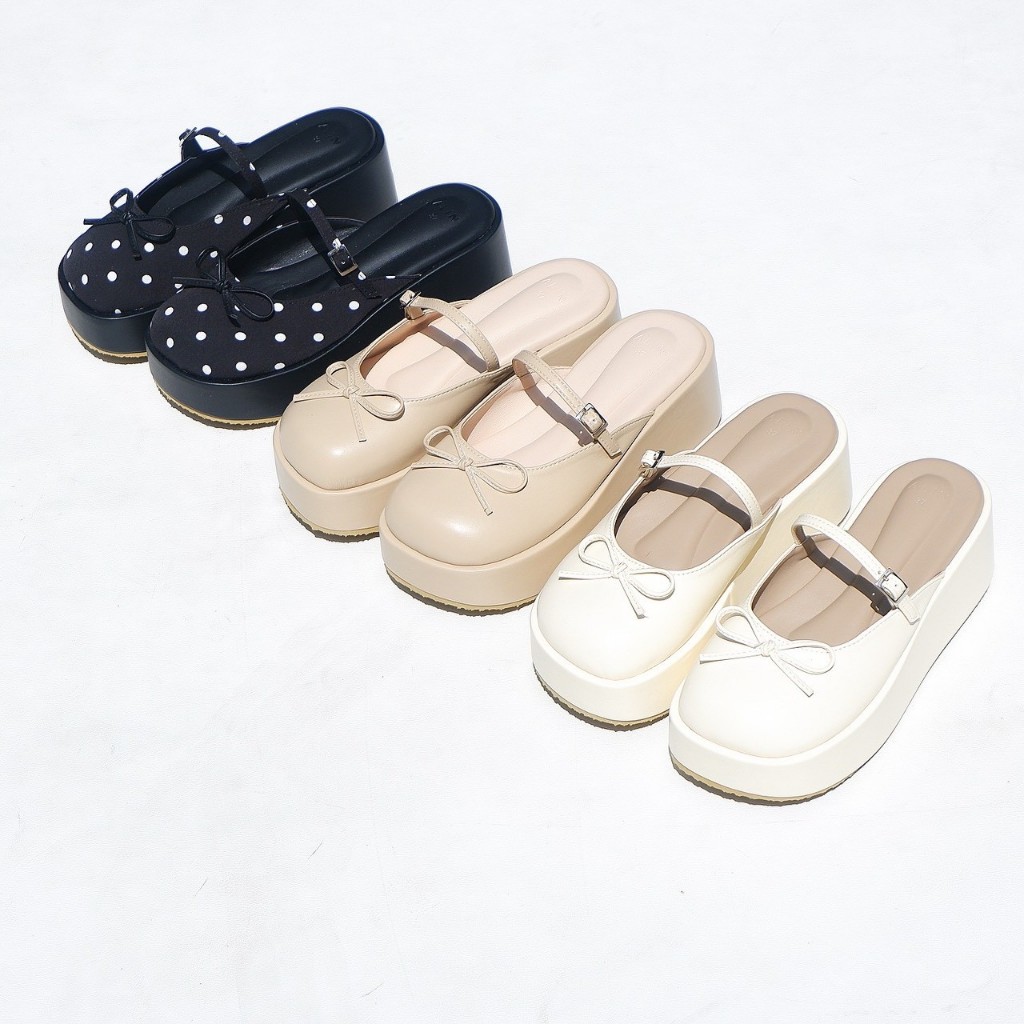 ALIN รองเท้าส้นตึกหัวปิด สูง 2 นิ้ว น้ำหนักเบามากกก พื้นนิ่มสุดๆแต่งโบว์น่ารักมาก ไอโก๊ะ