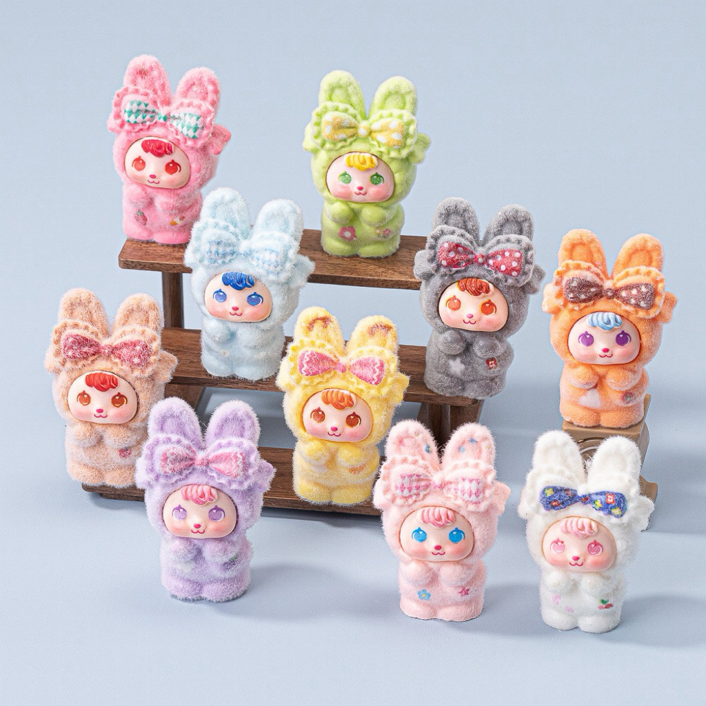 พร้อมส่งในไทย  น้องกระต่ายหูตั้งผูกโบว์ ขนกำมะหยี่  แบบสุ่มสี  ราคาต่อตัว