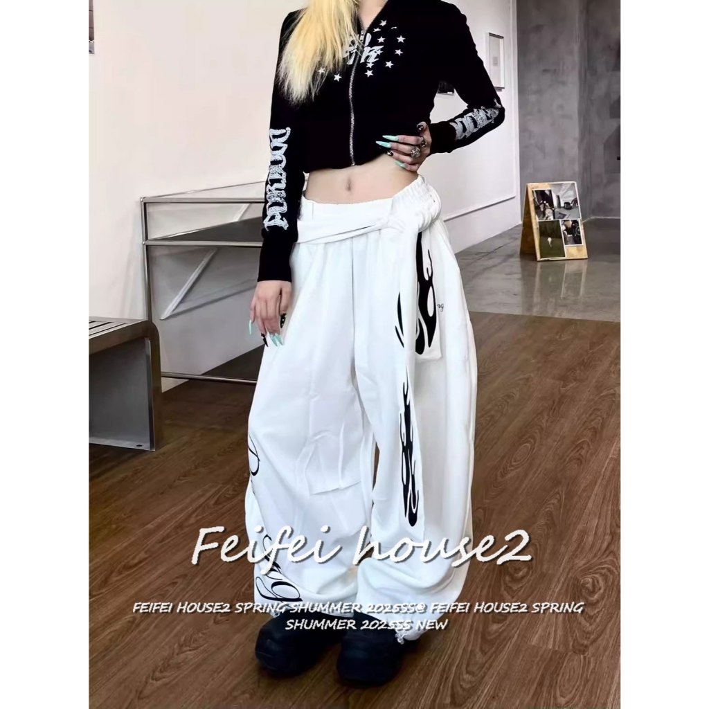 [Flame Print Lace-up Wide-Leg Pants]กางเกงเต้นแจ๊สพิมพ์ลายตัวอักษรลำลองสำหรับกลางแจ้งในฤดูร้อน