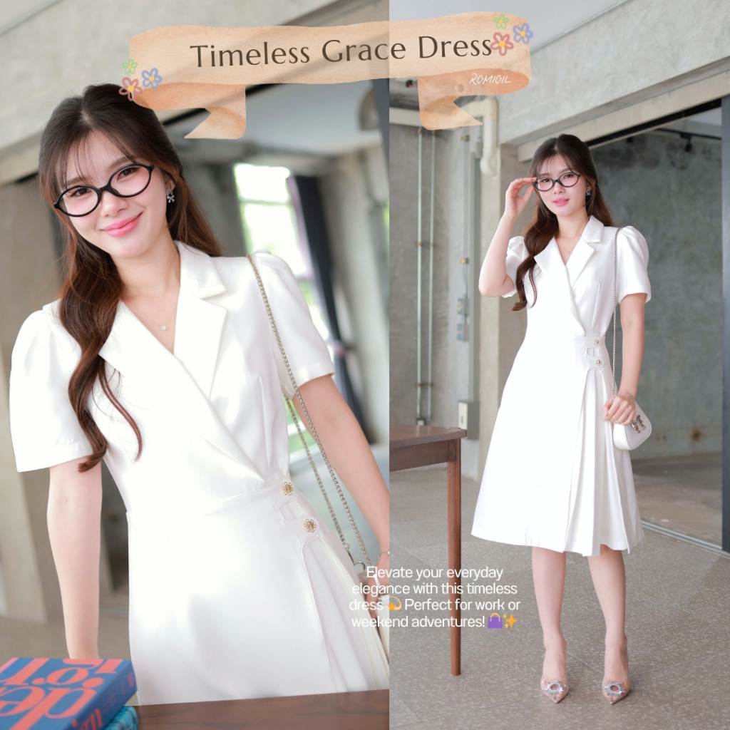 "Romi"Oil" Timeless Grace Dress (White) K279 ชุดเดรสสีขาว (แต่งกระดุมดอกไม้กระโปรงพลีท)(สีจริงสีขาว)