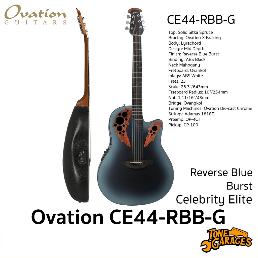 Ovation Guitar Celebrity Elite CE44-RBB-G Reverse Blue Burst Acoustic Guitar กีต้าร์โปร่งไฟฟ้า หลังเ