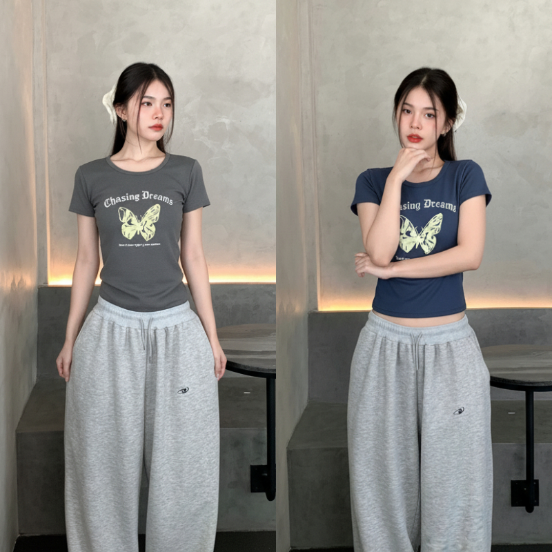 🌈SpinnyHouse🌈เสื้อยืดเข้ารูป พร้อมส่ง สกรีนลายผีเสื้อน่ารัก สไตล์ Y2K สาวอวบใส่ได้ ผ้ายืดตามตัว รุ่น แครอท CHASING