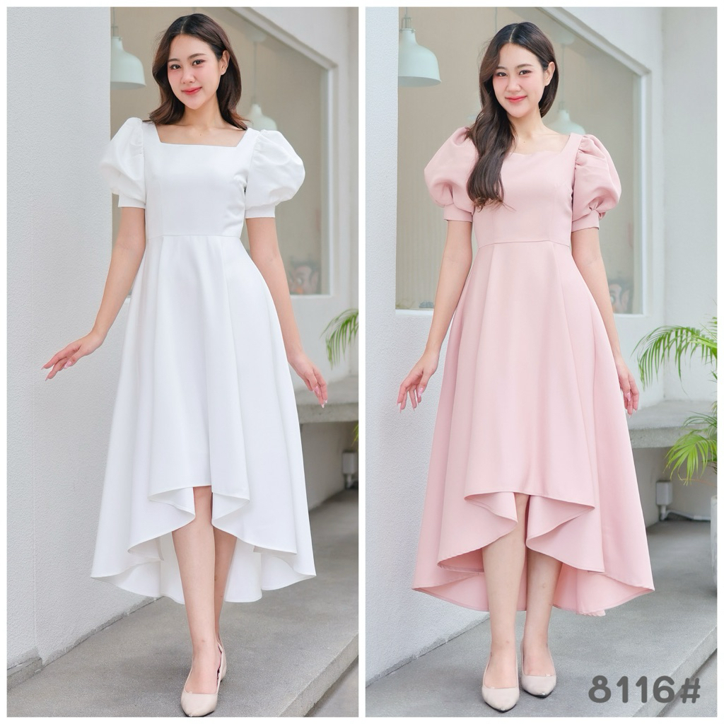 FN8116  Midi dress สไตล์เกาหลี แขนบอลลูน ชุดไปงานแต่ง ชุดออกงาน เดรสเพื่อนเจ้าสาว [LUXURY707]