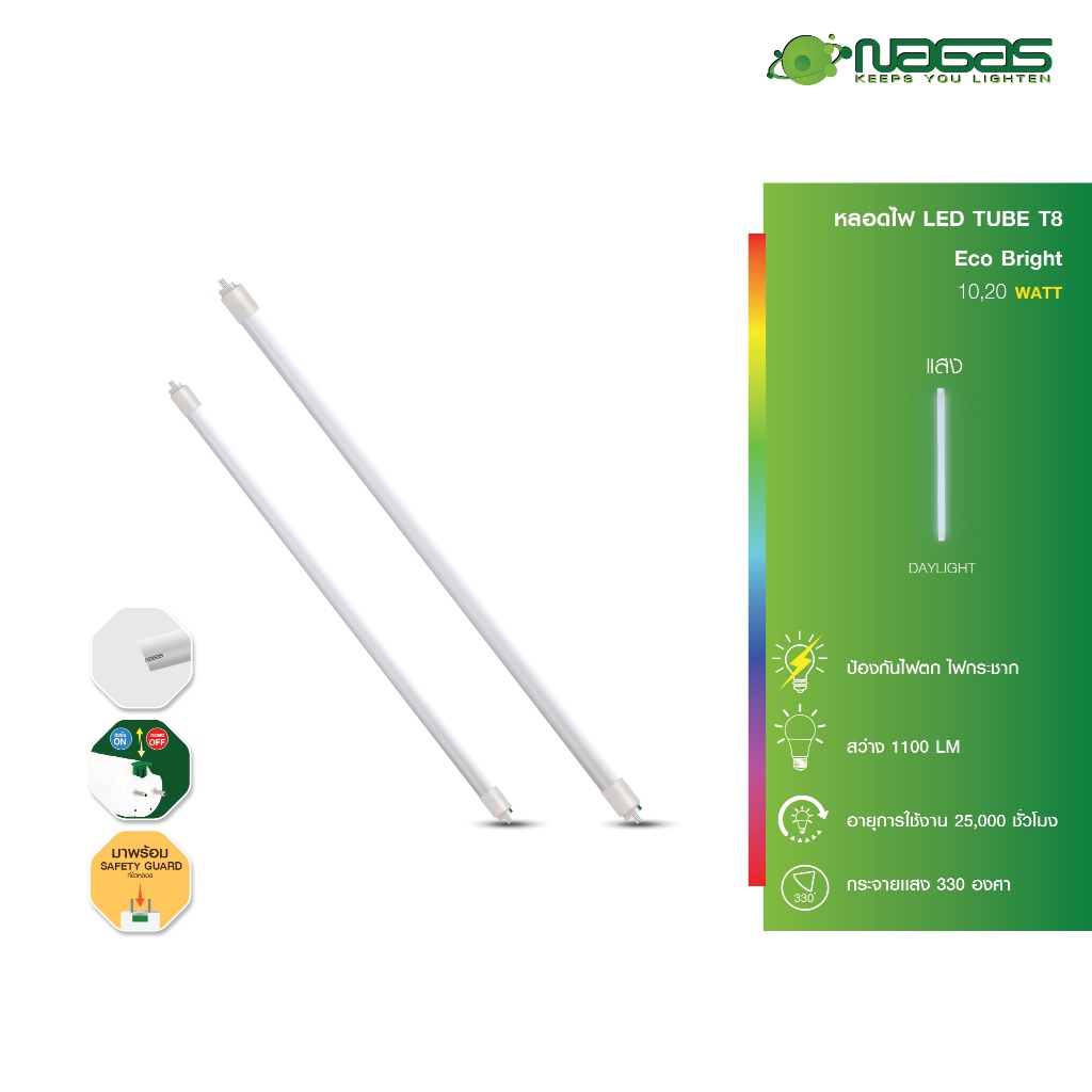 Nagas หลอดสั้น หลอดยาว LED รุ่น Eco Bright Tube 10 / 20 Watt DayLight T8 ขั้ว G13 ประหยัดไฟ รับประกั