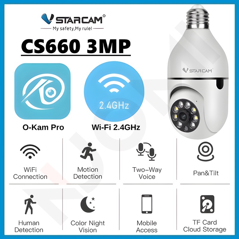VSTARCAM CS660 WiFi SUPER HD 1296P 3MP กล้องวงจรปิด ใส่กับขั้วหลอดไฟ E27 Ai + ตรวจจับและแจ้งเตือน